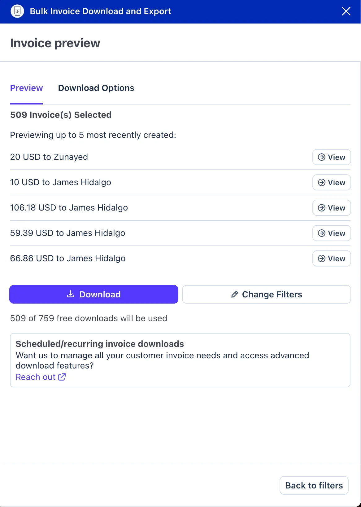 Bulk invoice download home screen