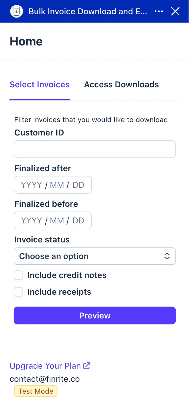 Bulk invoice download home screen